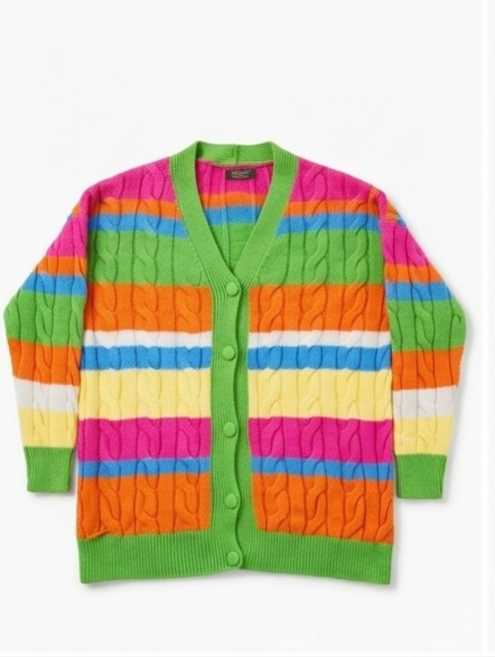 Galita Multicolor Striped Cable-Knit Cardigan Sweater Green Trim